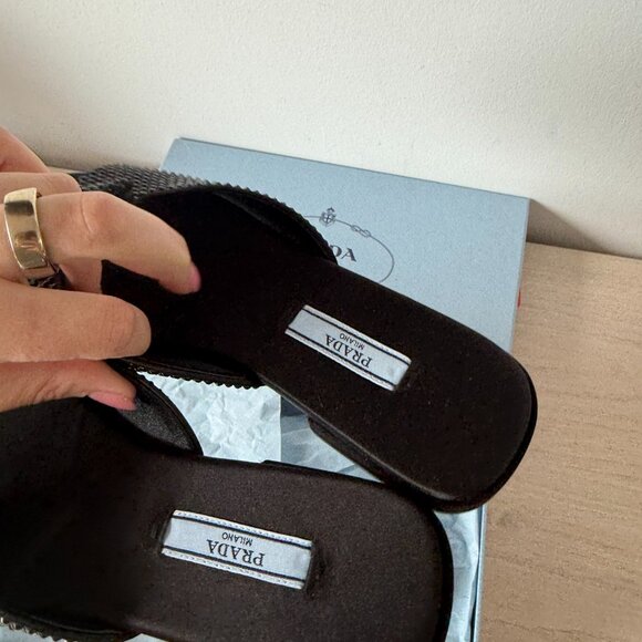 NWT Prada Slide Sandals Black Satin Crystal Embellishment Allover Triangle Logo - Picture 9 of 12
